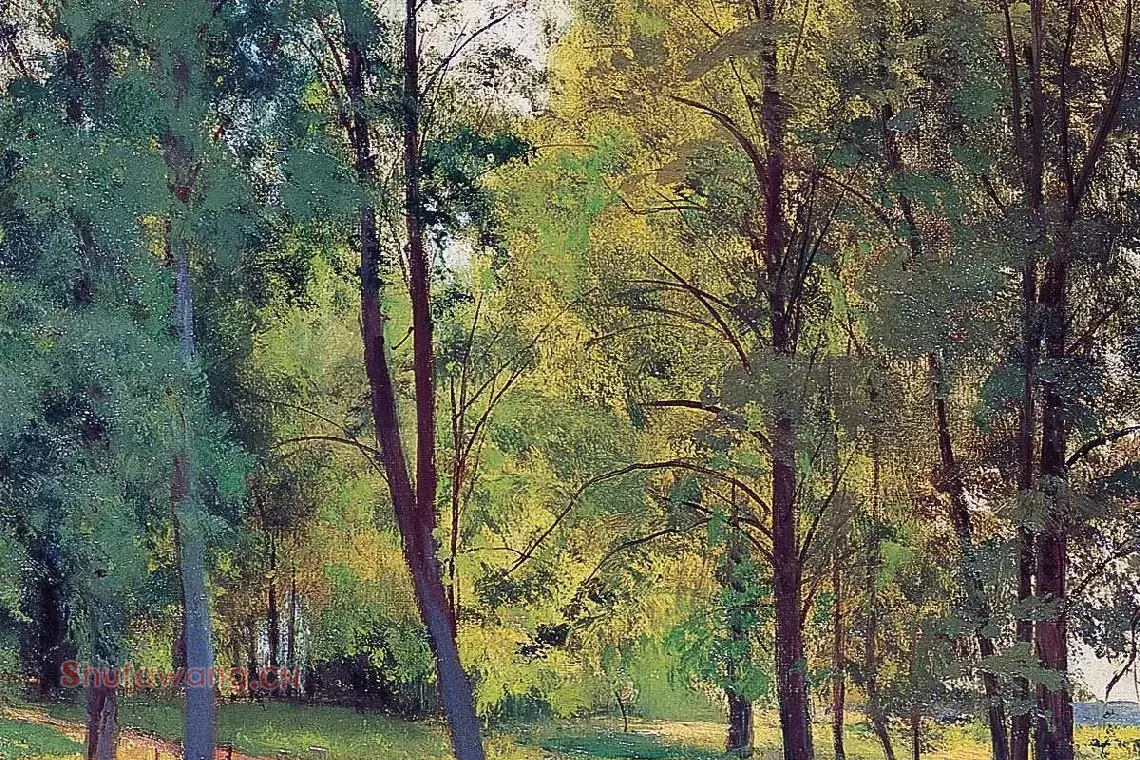 池塘边的草地与树林油画风景局部 (4)