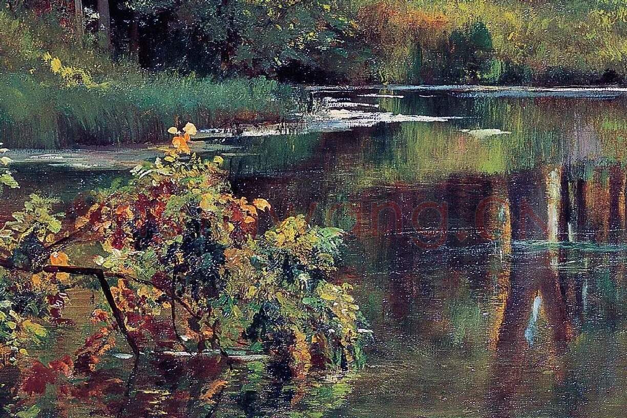 池塘边的草地与树林油画风景局部 (7)