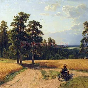 希施金油画 松树林旁的麦田风景