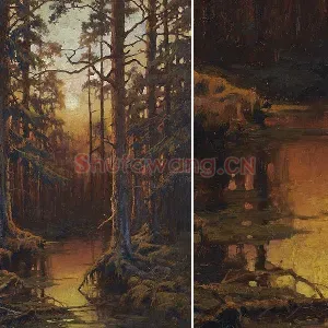 希施金油画风景 森林日落