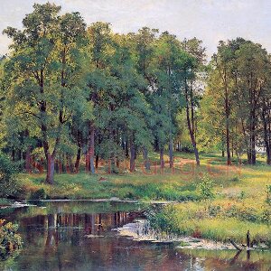 希施金写实风景油画 公园池塘边的草地与树林