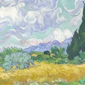 梵高油画风景作品《麦田的柏树》