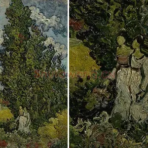 梵高油画《柏树下的两个女人》