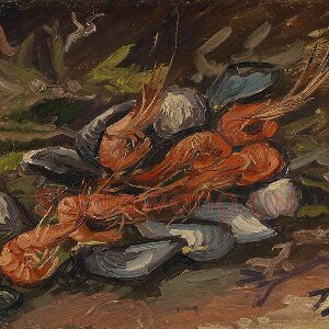 梵高静物油画《贻贝和虾的静物》
