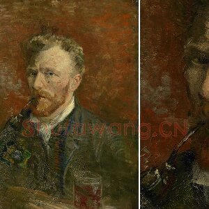 文森特·梵高《含着烟斗有玻璃杯的自画像》油画作品