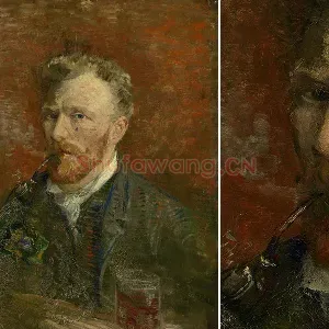文森特·梵高《含着烟斗有玻璃杯的自画像》油画作品