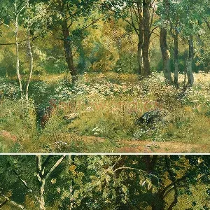 希施金油画风景作品《树林中草地上的野花》