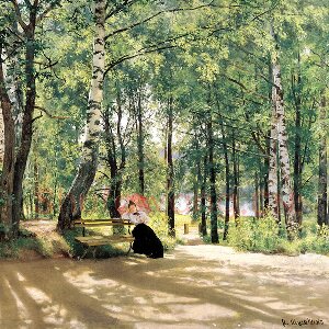 希施金油画风景 在树林乘凉的女人