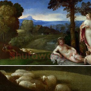 乔尔乔内油画作品《风景中的仙女和儿童与牧羊人》