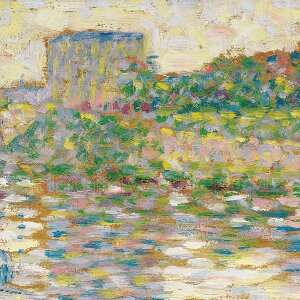 乔治·修拉油画风景写生《带塔楼的湖泊风景》