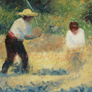 乔治·修拉油画作品《打麦场劳作的农民》