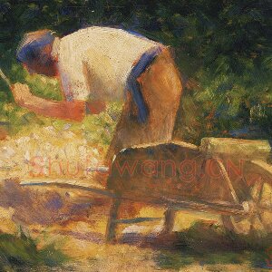 乔治·修拉油画作品《手推车旁劳作的农夫》