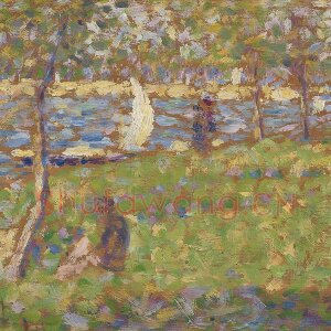 新印象派“修拉”点彩油画写生作品《有帆船的风景》