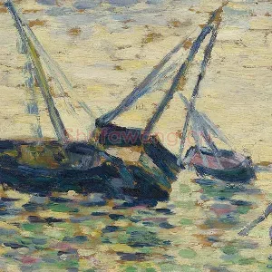 新印象派“修拉”油画作品《三艘船和一个水手》
