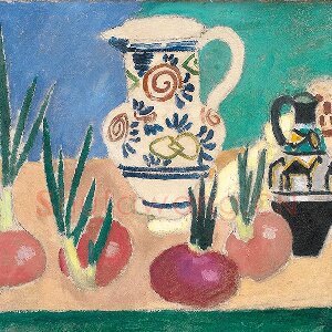 马蒂斯油画静物《粉色洋葱与罐子》