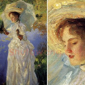 萨金特印象派风格油画作品《清晨散步的女人》