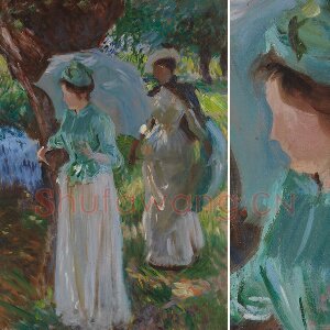 萨金特印象派风格油画作品《两个打阳伞的女孩》